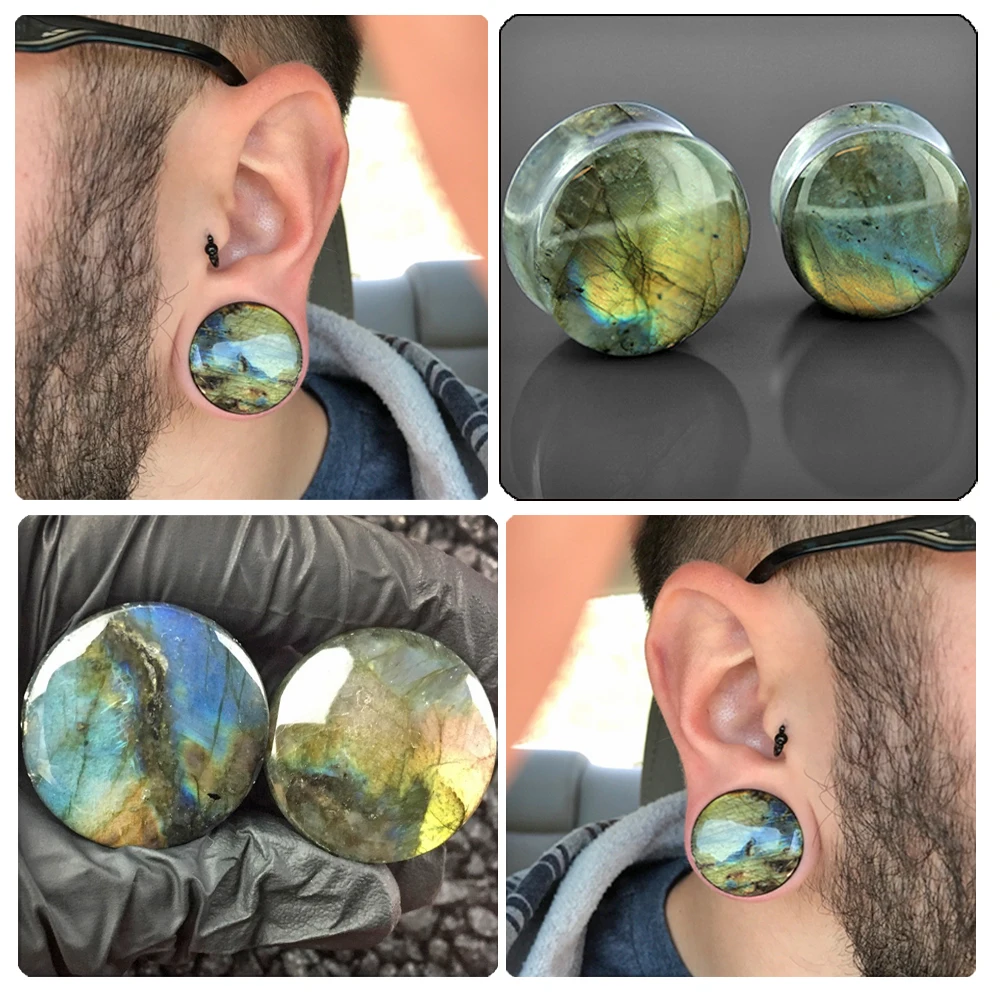 Pair Labradorite Stone Ear Flesh Tunnel Plugs Double&Single Flared Plug