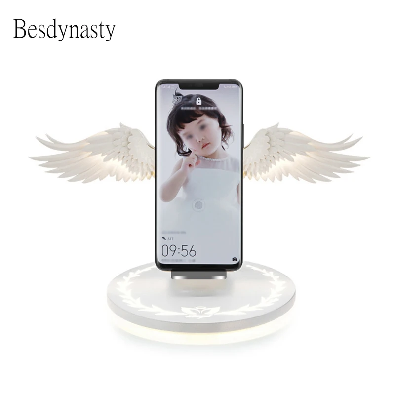 

Fashion Angel Wings Wireless Charger Dock 10W Quick Charger For XiAOMI Huawei iPhone Samsung Phone Holder Night Light New Ins