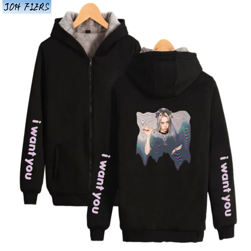Billie eilish/очень теплые толстовки с капюшоном; толстовка; толстая зимняя куртка на молнии в стиле Харадзюку; уличная толстовка унисекс - Цвет: black
