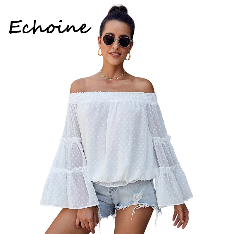 

Echoine Sexy Women Blouse Swiss Dot Off The Shoulder Top Slash Neck Long Flare Sleeve Solid 4 Color Blouses Woman 2019