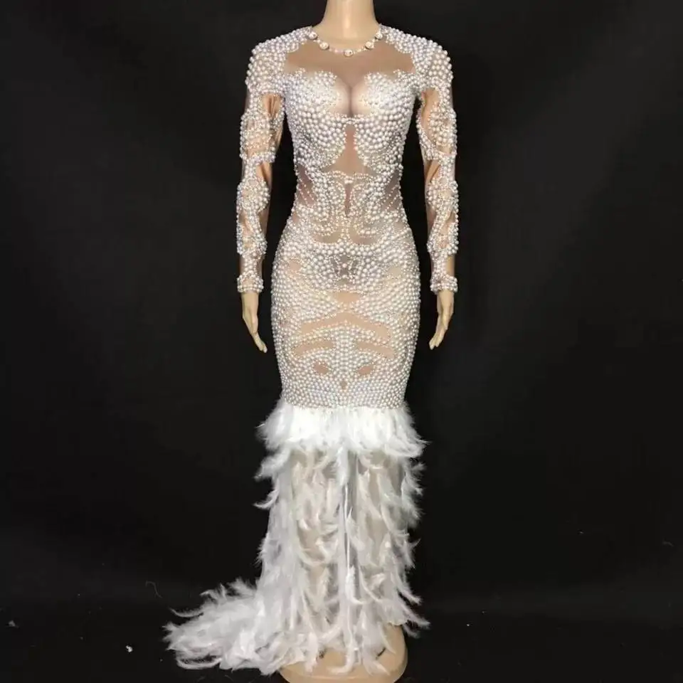 Luxe Witte Parels Feather Wedding Mermaid Lange Jurk Vrouwen Elegante Bodycon Avond Party Trailing Jurk Singer Stadium kostuums Luxe Witte Parels Feather Wedding Mermaid Lange Jurk Vrouwen Elegante Bodycon Avond Party Trailing Jurk Singer Stadium kostuums