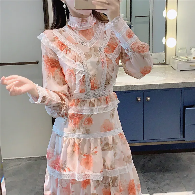 Runway High Quality Bohemian Style Lace Trim Ruffles Dress Spring Women Stand Collar Lantern Sleeve Vintage Party Vestidos | Женская