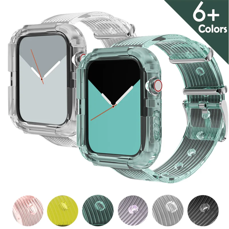 CASE+BAND Silicone transparent strap for apple watch Band 6 SE 5 4 Strap 44mm 40mm 42mm 38mm sport iwatch Replacement | Наручные часы