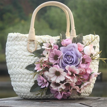 

Vintage Style Woven Artificial Flower Straw Bag Holiday Tote Bag Small Women Handbag Summer Beach Bags Round Handle Flat Handle