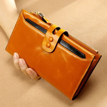 

Leather ladies wallet retro oil wax wallet high-end long clutch bag multi-card position