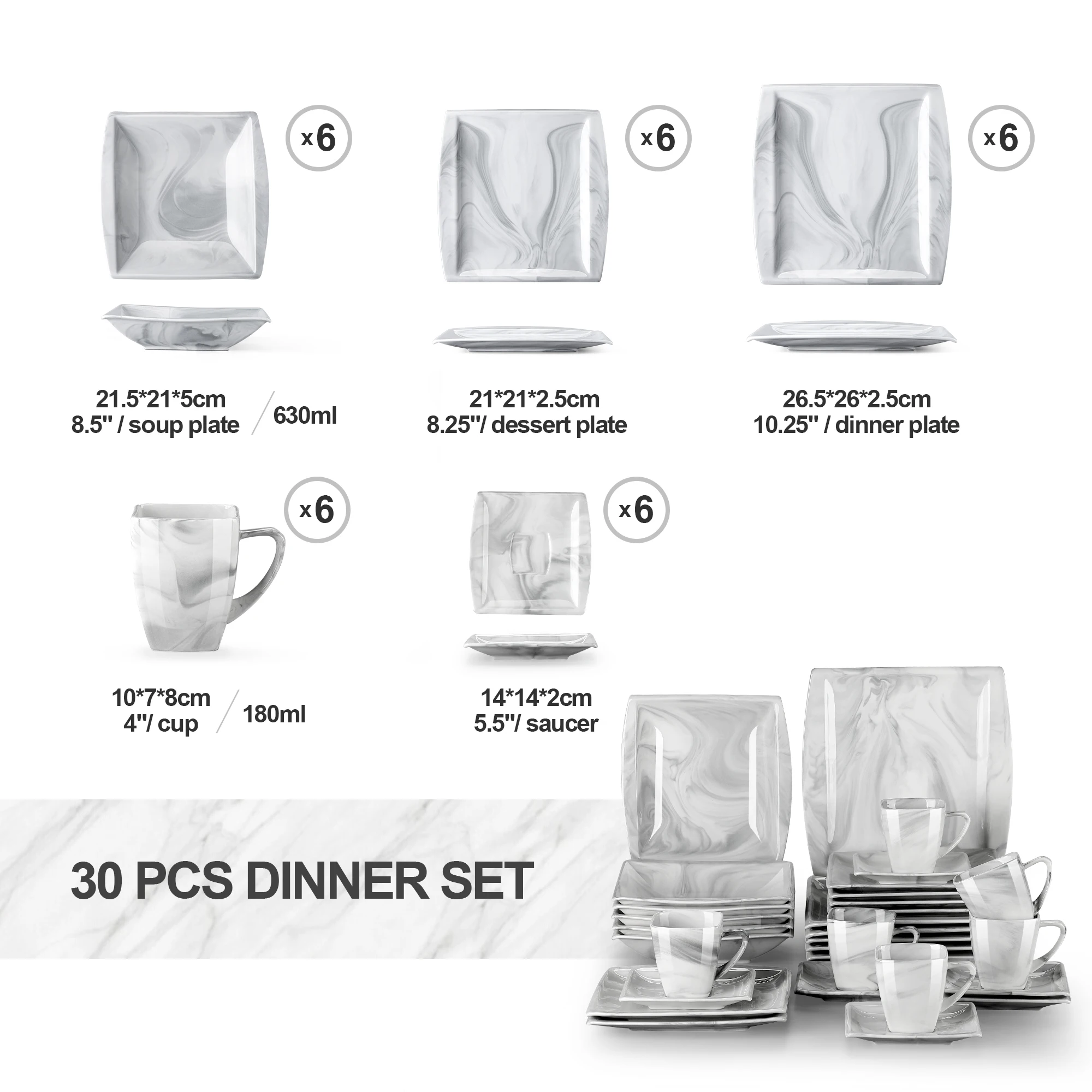 MALACASA 30-Piece Marble Porcelain Dinnerware Set with 6*Dinner