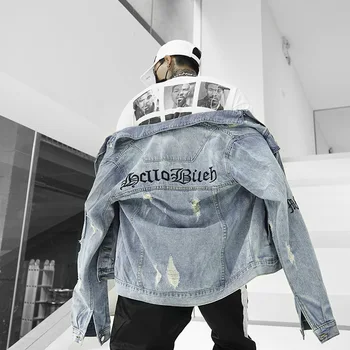 

EWQ / men's wear high Street Trend denim jackets Loose Coat Gothic Embroidered vintage Loose Holes oversize blue Jacket 9Y1294