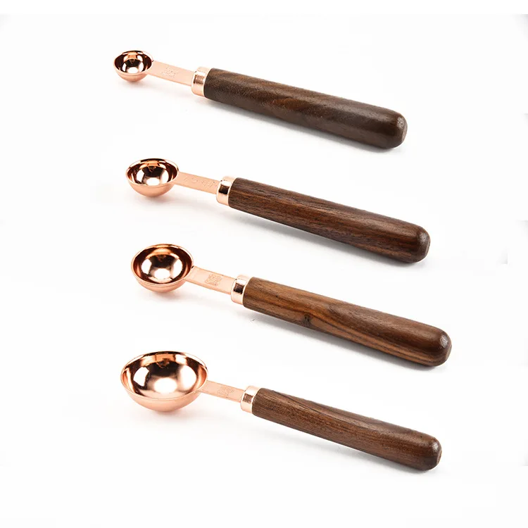 

4 Pcs New Walnut Handle Copper Plated Measuring Cup Kitchen Baking Tools Bartending Scale Measuring Spoon Measuring Cup Set