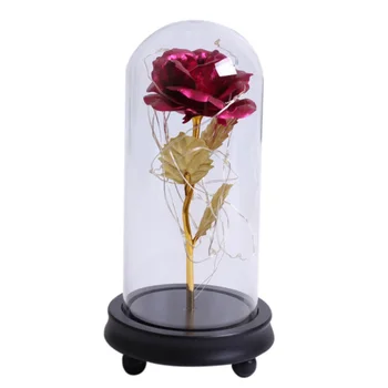 

Valentine's Day Gold Foil Artificial Flower Red Rose With LED Light In Glass Dome For Wedding Party Christmas Gift