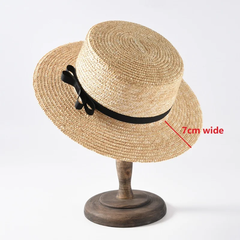 Flat straw hat spring summer ladies 5cm 7cm 9cm wide brim boater hat vacation sunshade beach With black bowknot beach hat,women sun hat