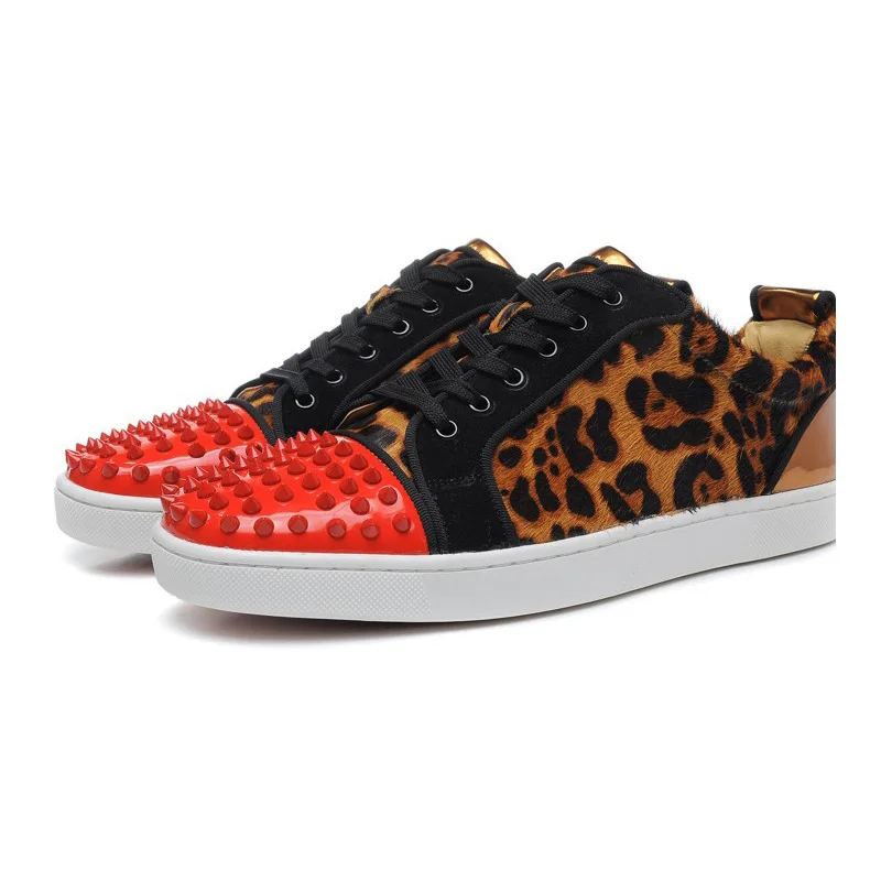 

2019 Red Bottom Low Platform Patchwork Leopard Rivet Luxury Casual Shoes Men Loafers Party Wedding Prom Man Shoes Men's Flats