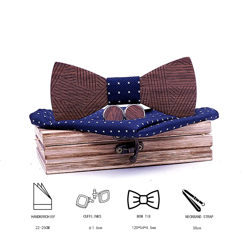  Retro Men's Plaid Wooden Bow Tie Set Striped Wood Bowtie Handkerchief Cufflinks Sets With Wood Box 