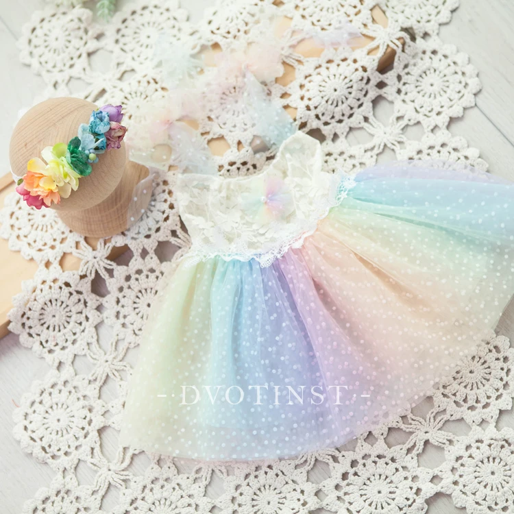 Dvotinst Newborn Baby Girls Photography Props Princess Rainbow Mesh Dress Headband 2pcs Set Fotografia Studio Shoot Photo Props 1pair 2pcs new ladies sexy rainbow color mesh net fishnet gloves hollow out holes fingerless disco dance costume half mittens