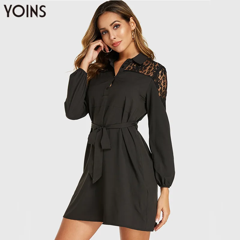 YOINS, женское кружевное лоскутное платье, весна-осень, сексуальное, с отворотом, OL, для работы, с длинным рукавом, мини платья, черное, Vestidos размера плюс, Халат