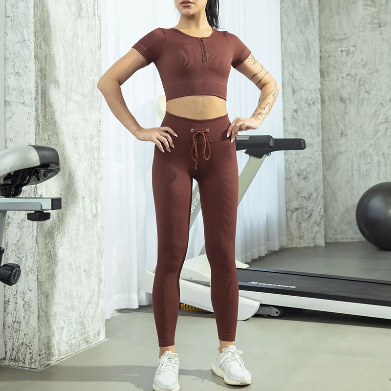 Seamless Women Yoga Set Workout Sportswear Gym Clothing Zipper Long Sleeve High Waist Leggings Fitness Bra Athletic Sports Suits