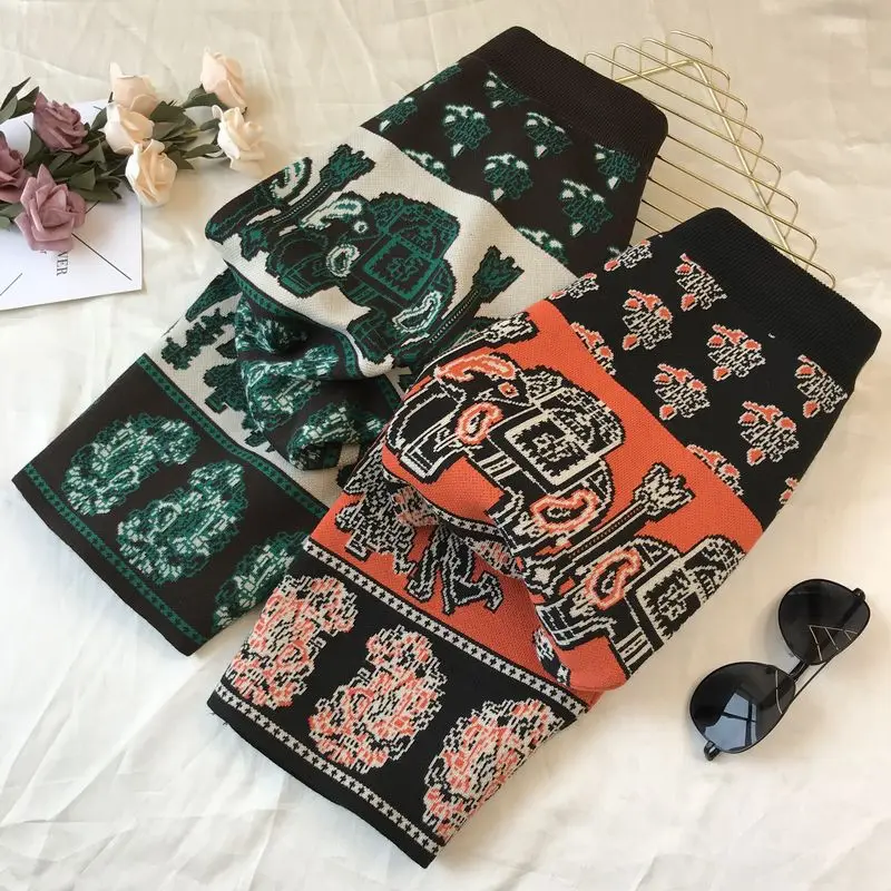 Жаккардовая переплетенная трикотажная юбка для женщин средней длины осень универсальная Новинка Ретро прямые юбки с высокой талией тонкие