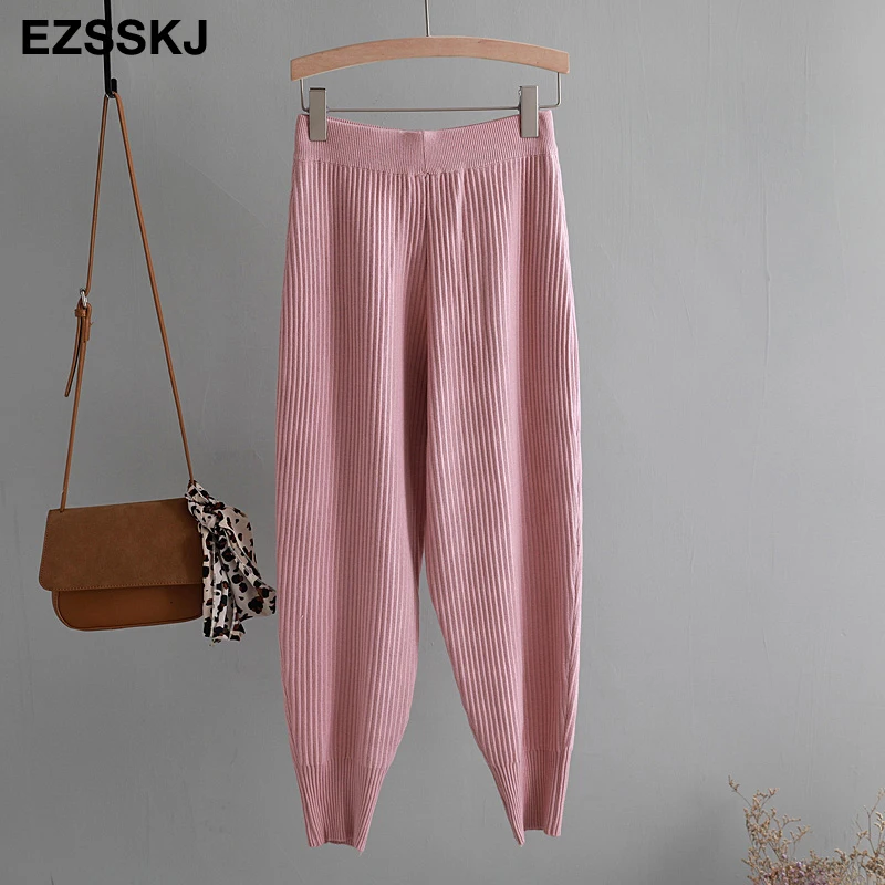 casual Elastic Waist Trousers Thick Knitted Women Harem Pants Autumn Winter Sport swear female sweater Radish pants Grandma