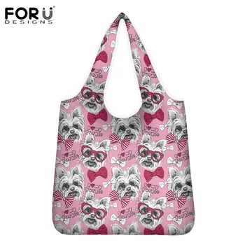 

FORUDESIGNS Puppy Yorkshire Prints Casual Folding Reusable Handbags Women Shopper Shoulder Grocery Functional Bags Wholesale
