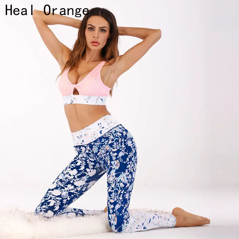 

Women 2 Piece Yoga Set Gym Fitness Clothes Floral Print Bra+Long Pants Running Tights Jogging Workout Yoga Leggings Sport suit