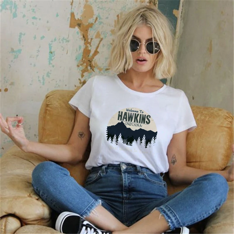 

Showtly Stranger Things Welcome To HAWKINS INDIANA Harajuku T Shirt Women Upside Down Ullzang Print T-shirt 90s Graphic Tops