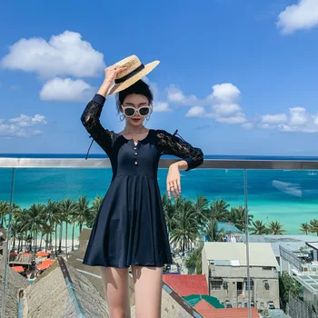 

Swimming Suit For Women One Piece Whole Swimsuits Swim Swimwear Bikini With Skirt Suits Female 2019 New Sexy Lace Long Sleeve