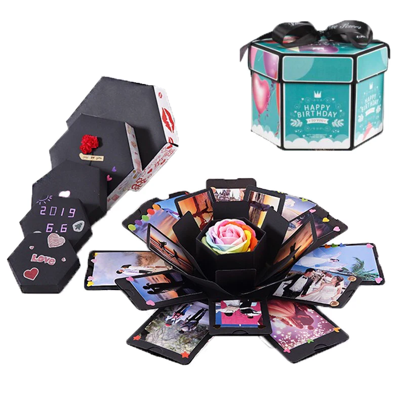 

Hexagon DIY Surprise Love Explosion Box Scrapbook Photo Album Anniversary Gift Box For Valentine Birthday Christams Decoration