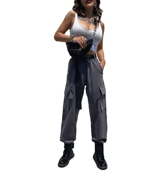 

Maoxzon Womens Fashion Bandage Pockets Cargo Pants For Female Autumn Winter New Gray Black Casual High Waist Loose Long Trousers