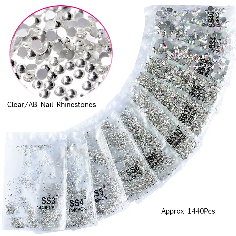 

1440Pcs AB/Clear Nail Art Crystal Rhinestone Nails Stones Charms SS3/4/5/6/8/10/12/16/20 Non HotFix 3D Glass Strass Decorations