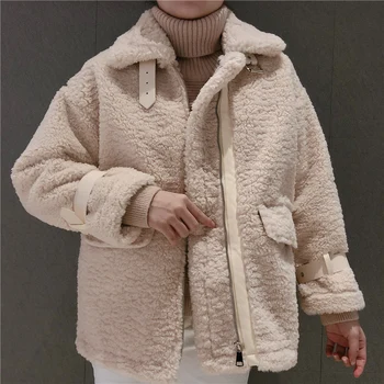 

2019 Winter New Lamb Wool Jacket Womens Long Sleeve Solid Loose Faux-fur Coat Streetwear Warm Jackets Cotton Parka J10191