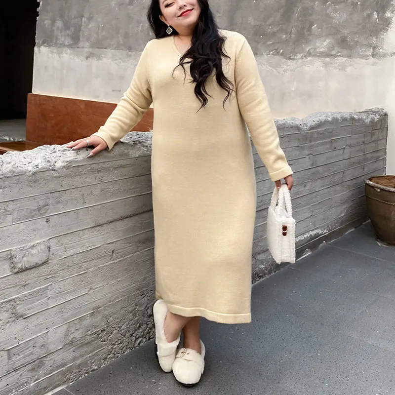 

Winter Women V Neck Sweater Dress Oversize Solid Color Loose Hem Split Knitted One-Piece Elegant Fashion Female Clothes 2020