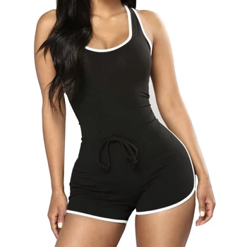

2020 Side Striped Fitness High Waist O Neck Tank Top Sleeveless Lace Up Elastic Waist Shorts Sport Casual Women Jumpsuit Shorts