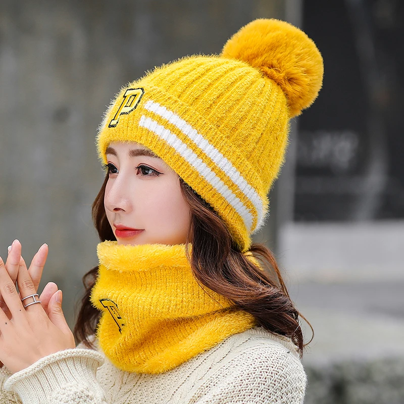 Yellow Толстые теплые кроличьи кашемировые вязаные шапки шарф 2 шт. набор Новая Женская Зимняя кепка Skullies Beanies Повседневная шапка с надписью - Цвет: Yellow