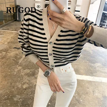 

RUGOD V-neck Sweater Women Elegant Stripe Cardigan Casual Winter Tops For Women Knitwear Loose Korean Style Winter 2019