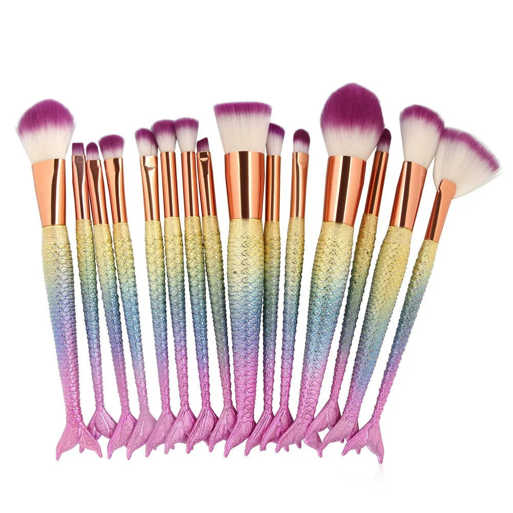 

New 15pcs Fish Tail Diamond Mermaid Makeup Brushes Set Foundation Powder Eyeshadow Contour Blending Face Cosmetic Brush Tool