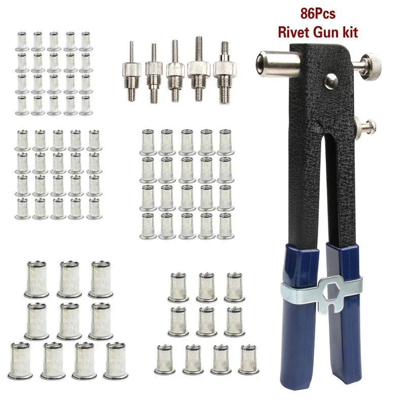 

86Pcs M3-M8 Blind Hand Rivet Nuts Threaded Insert Rivet Tool Riveter Gun with Nutsert Riveting Household Repair Tools Set