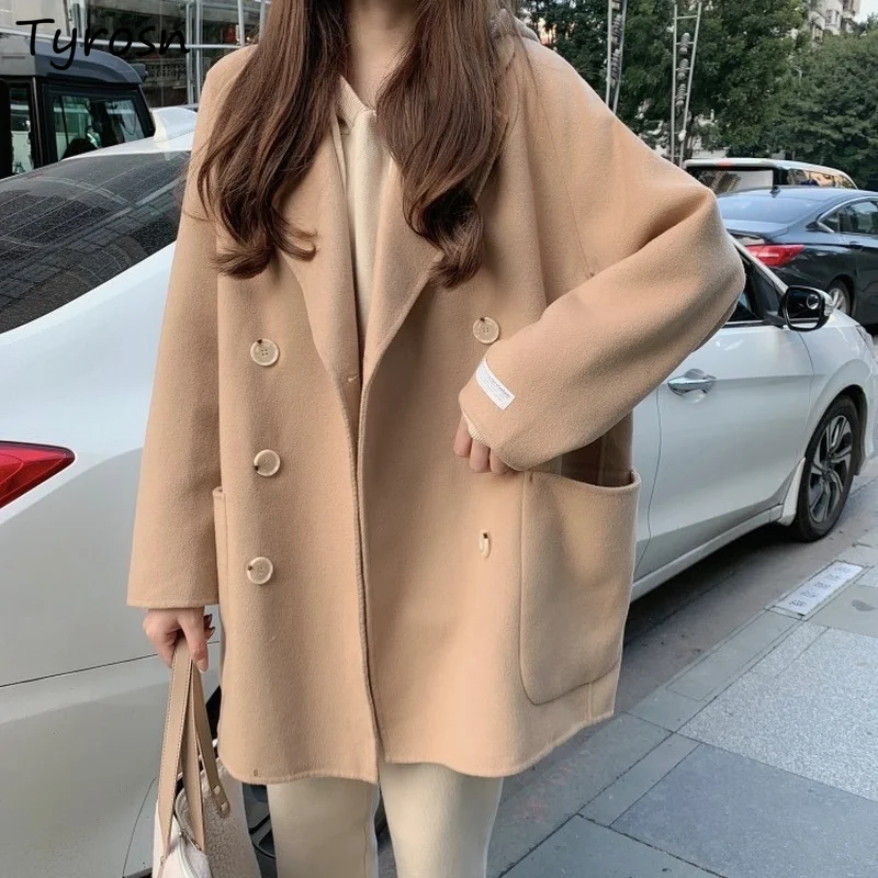 

Camel Wool Blends Women Retro Design Double Breasted Notched Jacket Fashion Woolen Outwear Mujer High Street Pockets Korean Coat