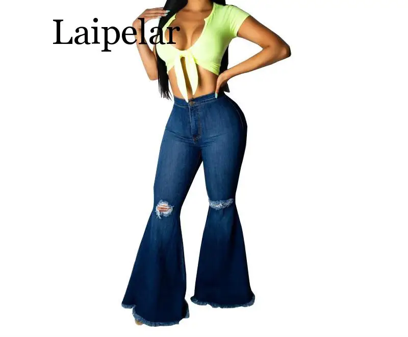 

Laipelar Fashion Denim Flare Pants Women Retro Ripped Jeans Wide Leg Trousers Lady Casual Bell-Bottoms Flare Pant Female