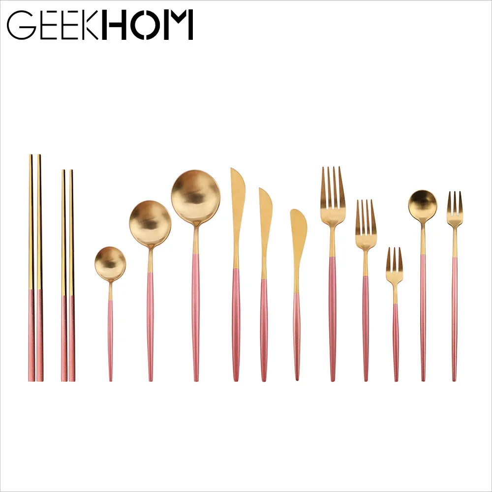 

GEEKHOM Dinnerware Set Stainless Steel Tableware Gold Silver Fork Spoon Knife Set Silverware Flatware Cutlery Set With Gift Box