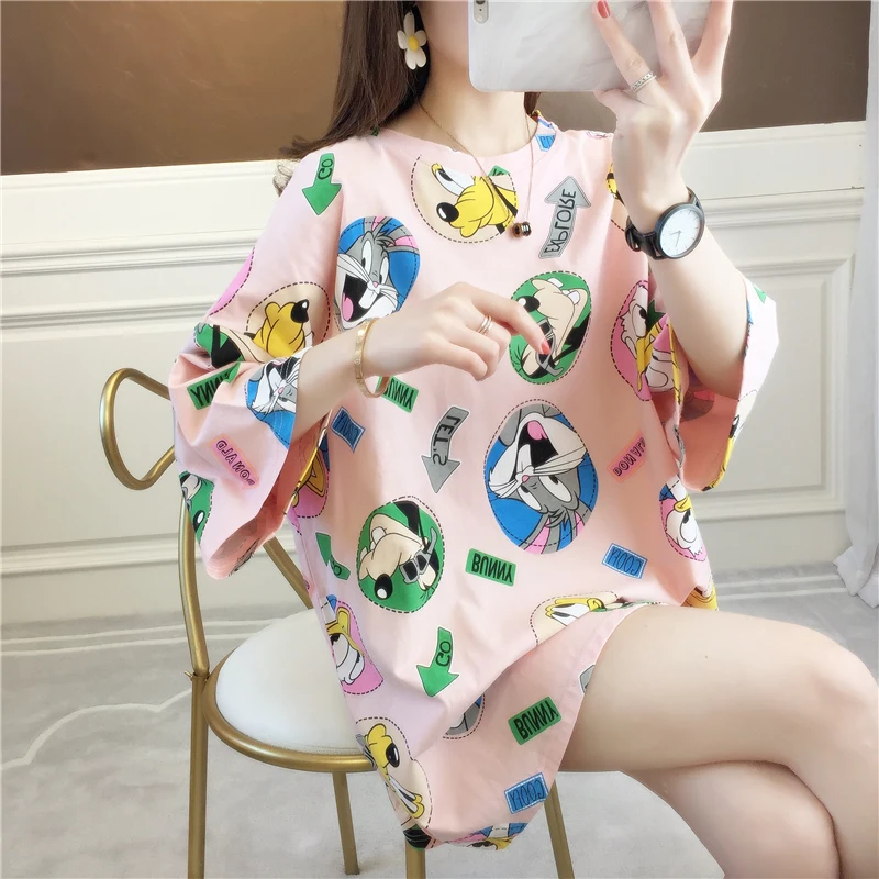 

Han edition cotton loose make good quality printing long T-shirt with short sleeves with her red with big yards