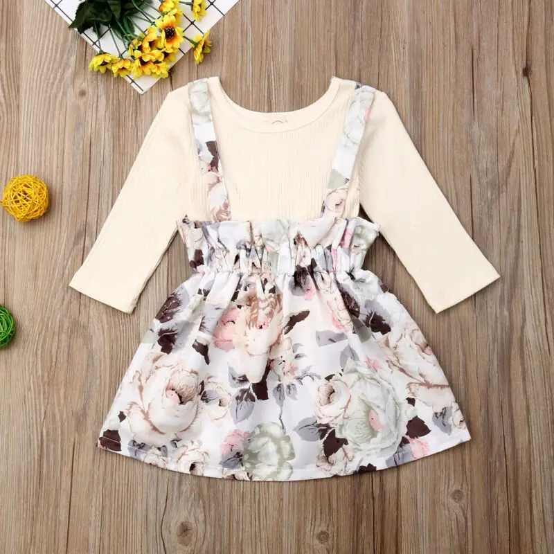 

6M-4T 2PCS Newborn Kids Baby Girls clothes Plaid strap Ruffle Skirts round neck long sleeve solid Bodysuit Toddler lovely Outfit