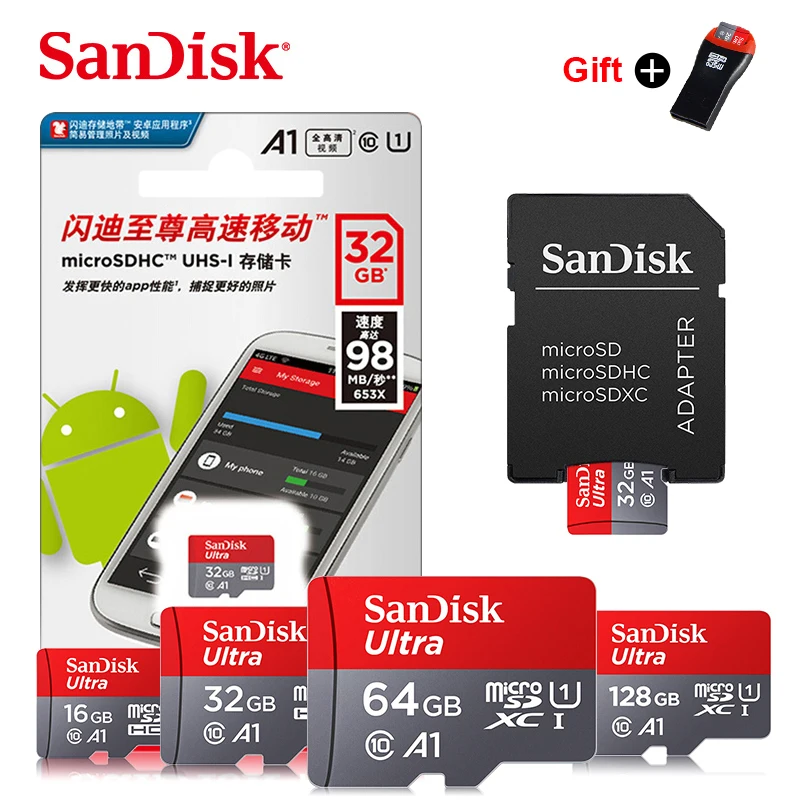 Подарочный адаптер SanDisk Micro sd карта 16 ГБ 32 ГБ 64 Гб 128 Гб MicroSDHC карта памяти класс 10 TF карта для смартфонов/планшетов/ПК