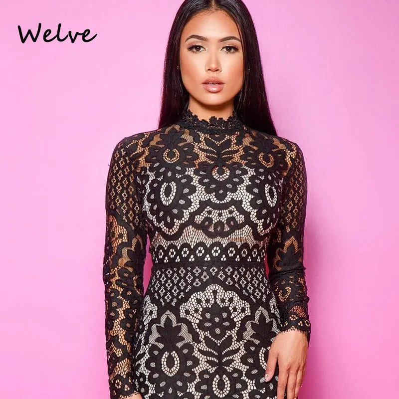 

Welve 2019 sexy dress new cross-border rose lace long-sleeved dress round neck bag hip dress sexy dress