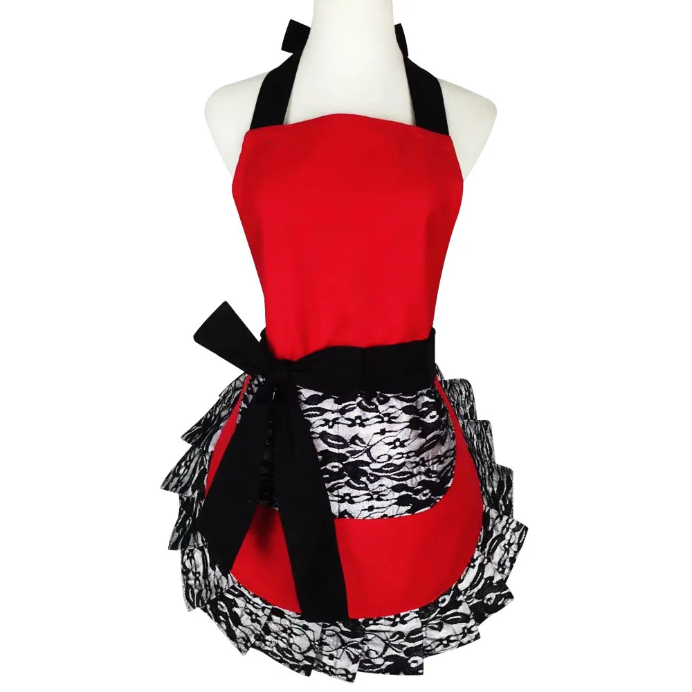 Cotton Red Black Lace Flirty Apron with Pocket, Fun Retro Sexy Cooking Pinup Aprons for Women Girls Waiter C1A2