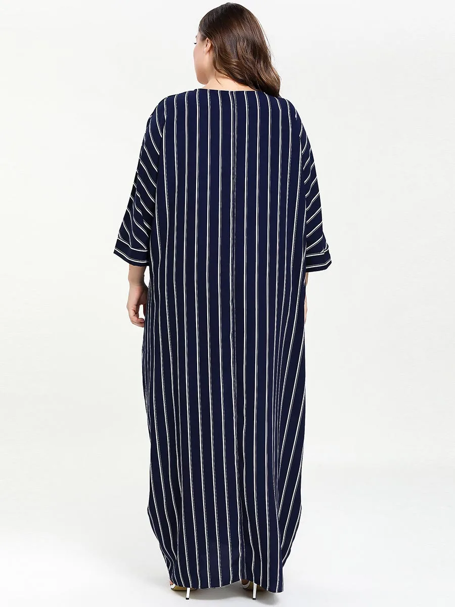 Мусульманское платье Abayas Дубай турецкое длинное платье в синюю полоску мусульманское платье с коротким рукавом женская мусульманская одежда больших размеров 4XL
