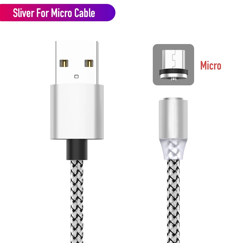 Магнитный кабель в оплетке светодиодный кабель Micro USB type C для iPhone samsung huawei Xiaomi 2.4A провод для быстрого заряда Магнитный телефонный кабель - Цвет: Silver For Micro USB