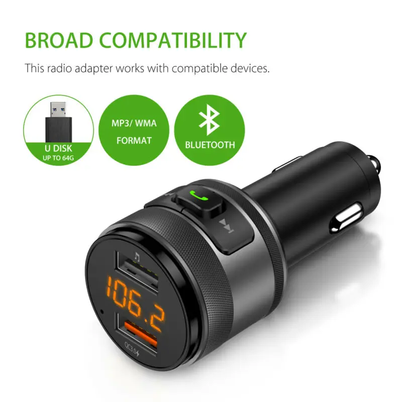 QC3.0 Wireless Bluetooth Car Audio Radio FM Transmitter Adapter Dual USB Charger