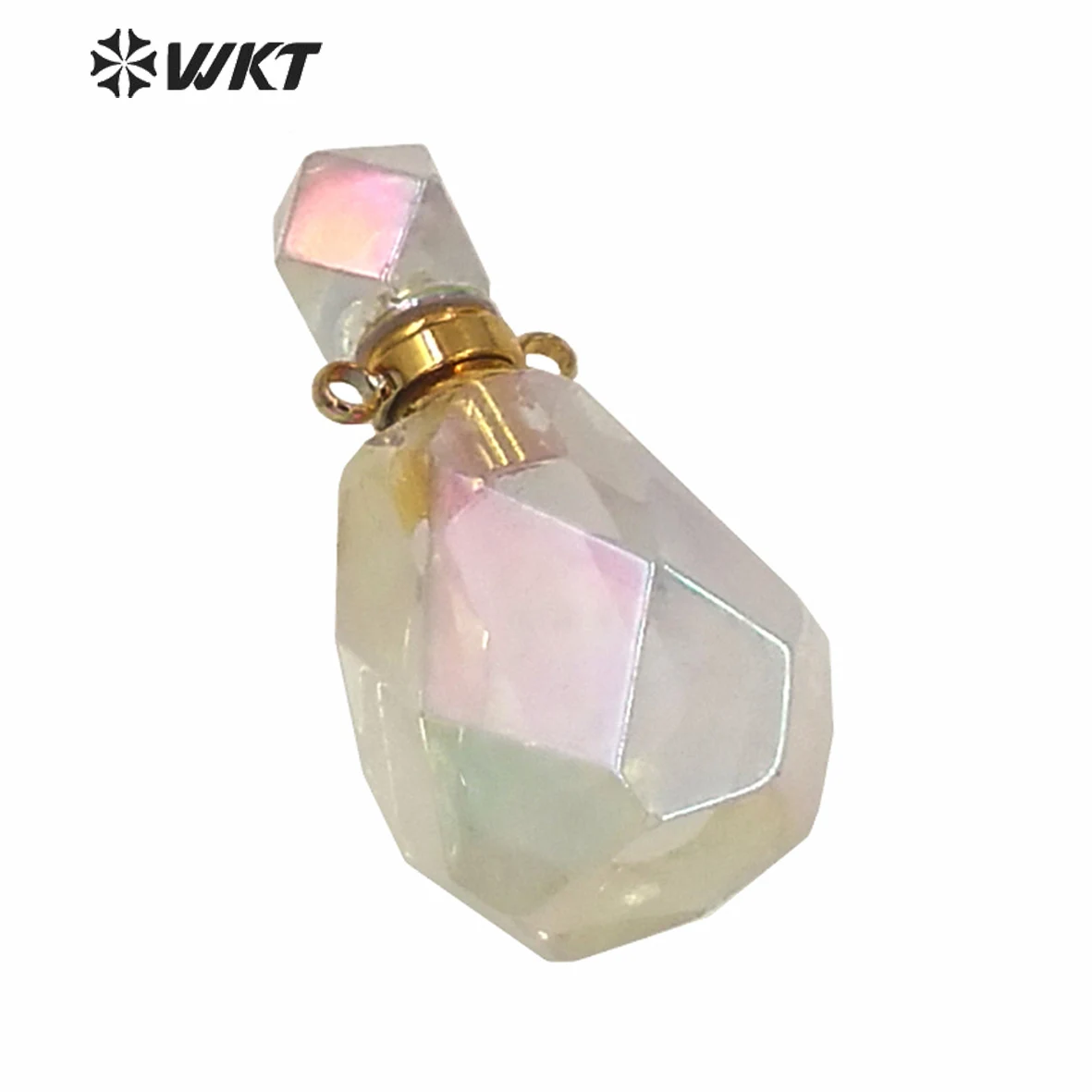 

WT-P1593 WKT Exclusive New Amazing Gold Aura Crystal Quartz Faceted Perfume Oil Pendant Hotsale Women Angel Color Bottle