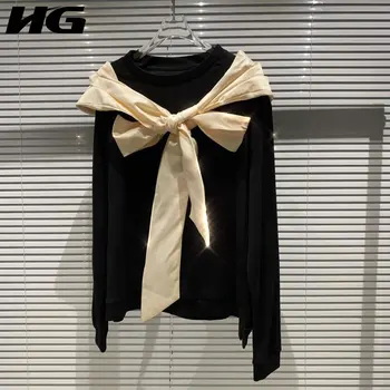 

HG Patchwork Bow Pullover Solid Sweatshirt Women 2020 Autumn Casual Fashion New Style Temperament All Match Women Clothes ZY1530