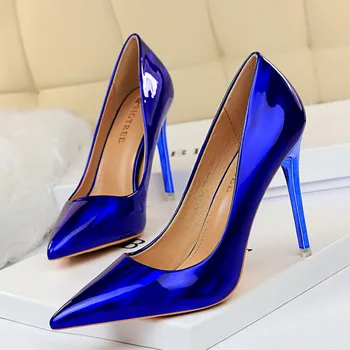 

Summer Women High Heels Blue Green Valentine Pumps Luxury Glossy Stripper Stiletto Wedding Bridal Fetish Shoes 10.5cm heels