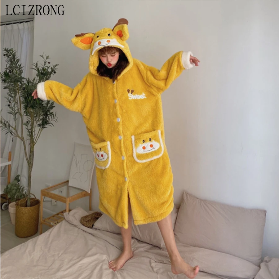 

Cartoon Women Bathrobes Cute Dairy Cow Girl Velvet Loose Robes Long Sleeve Female Pajamas Home Dressing Gown Loose